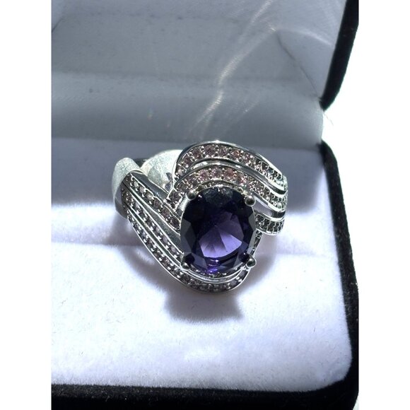 Silver-Tone Faux Amethyst & Crystal Accent Swirl Cocktail Ring Size 8 Elegant St - Picture 1 of 4
